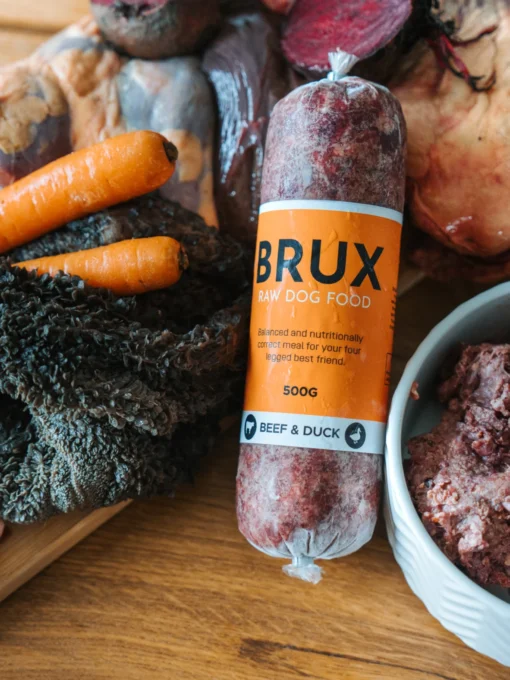BRUX dog food with raw meats, organs and fresh fruit and vegetables