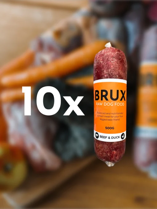 raw dog food box with beef and duck from brux