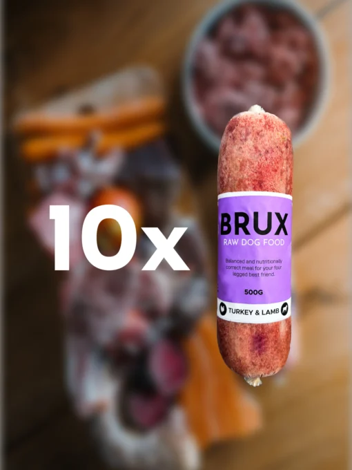 raw dog food from brux in frozen tubes with lamb and turkey